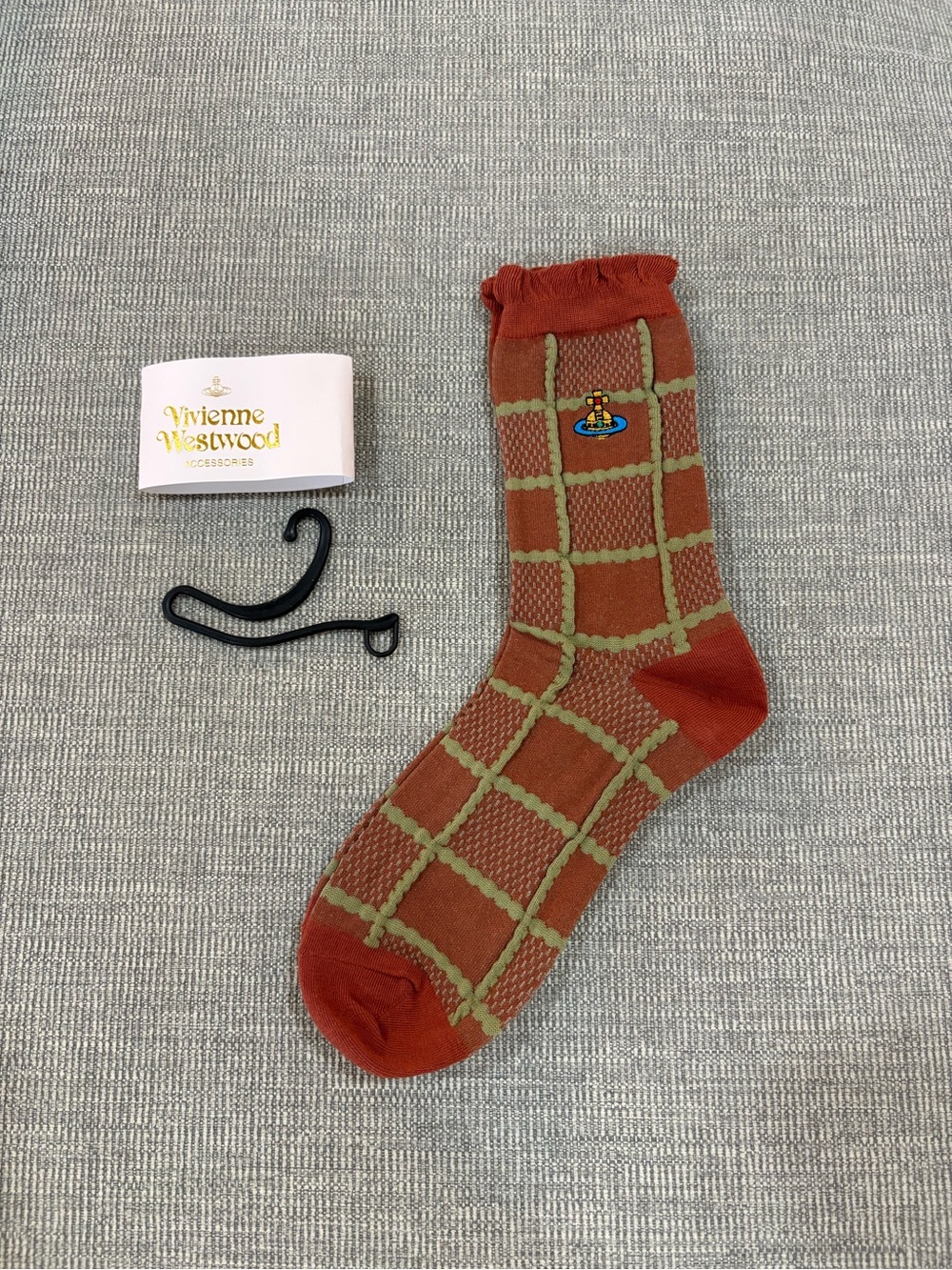 Vivienne Westwood Rust Orange Plaid Crew Socks with Orb Motif